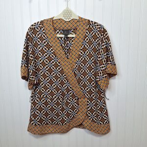 Worthington Career Top Blouse Women's Size M Black White Gold Missing Belt